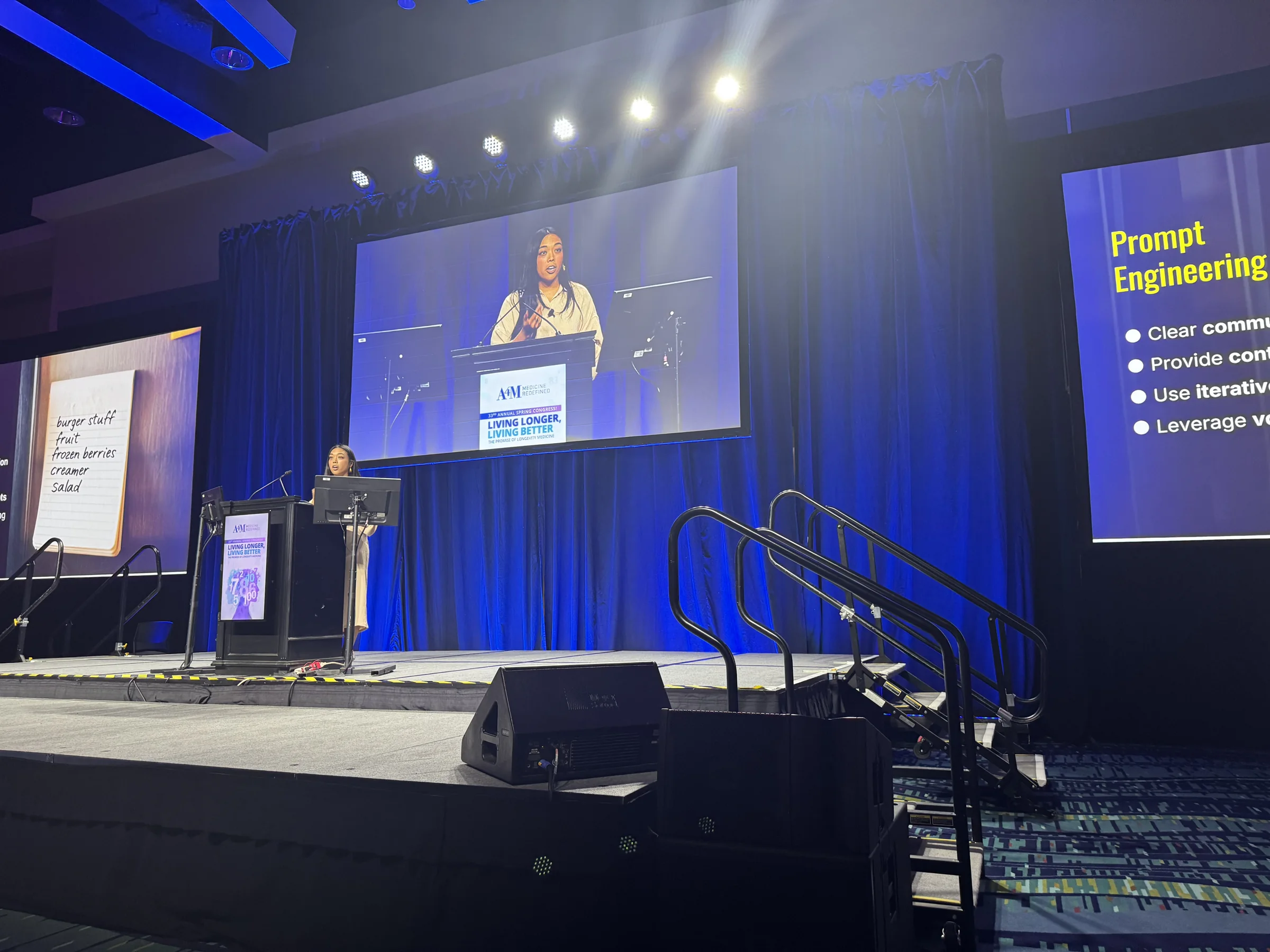 Dr. Lexi Gonzales on the A4M Spring Congress main stage, speaking about AI in clinical practice